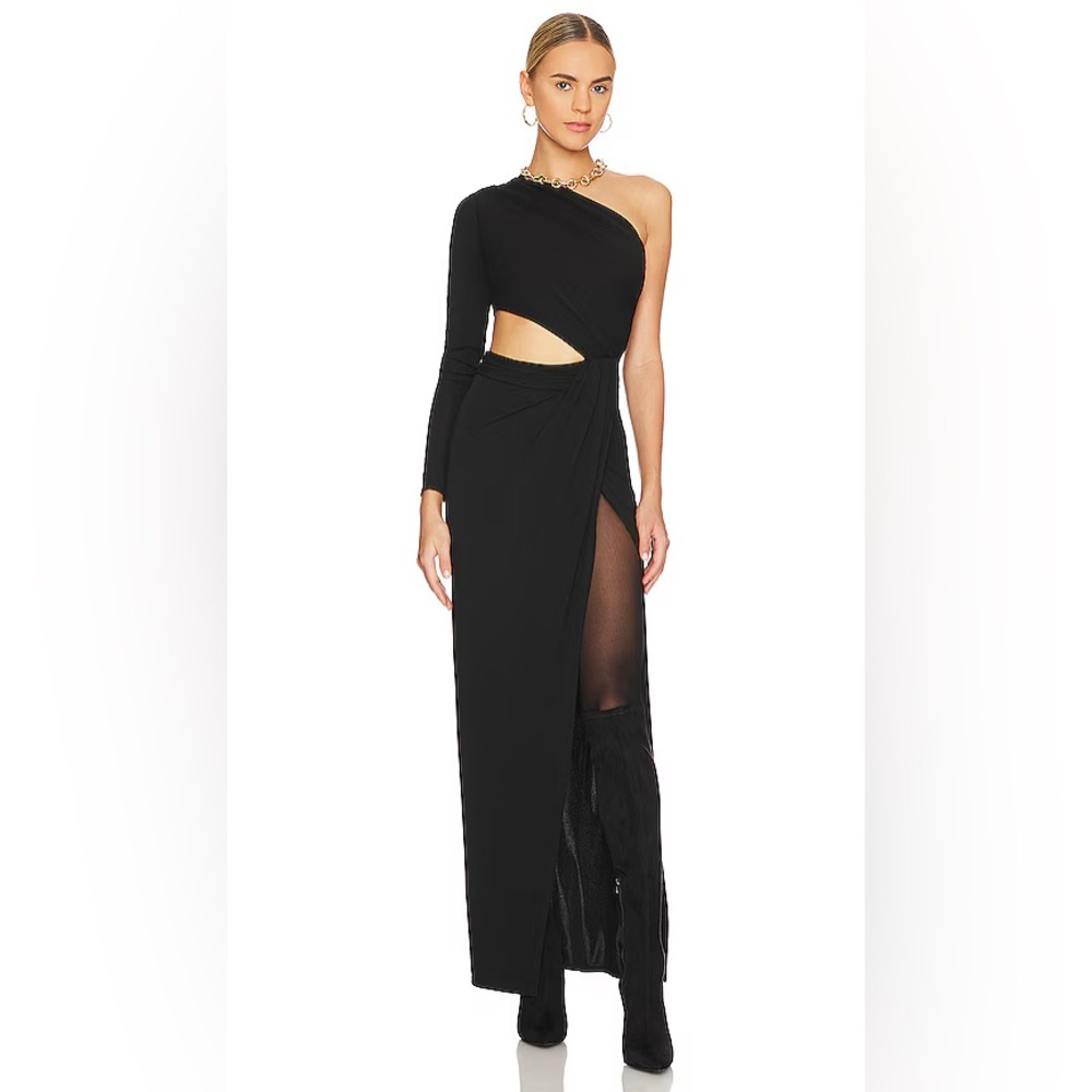 Ronny Kobo Lorinna Dress in Black Cut Out One Shoulder Crepe Knit Fabric Maxi